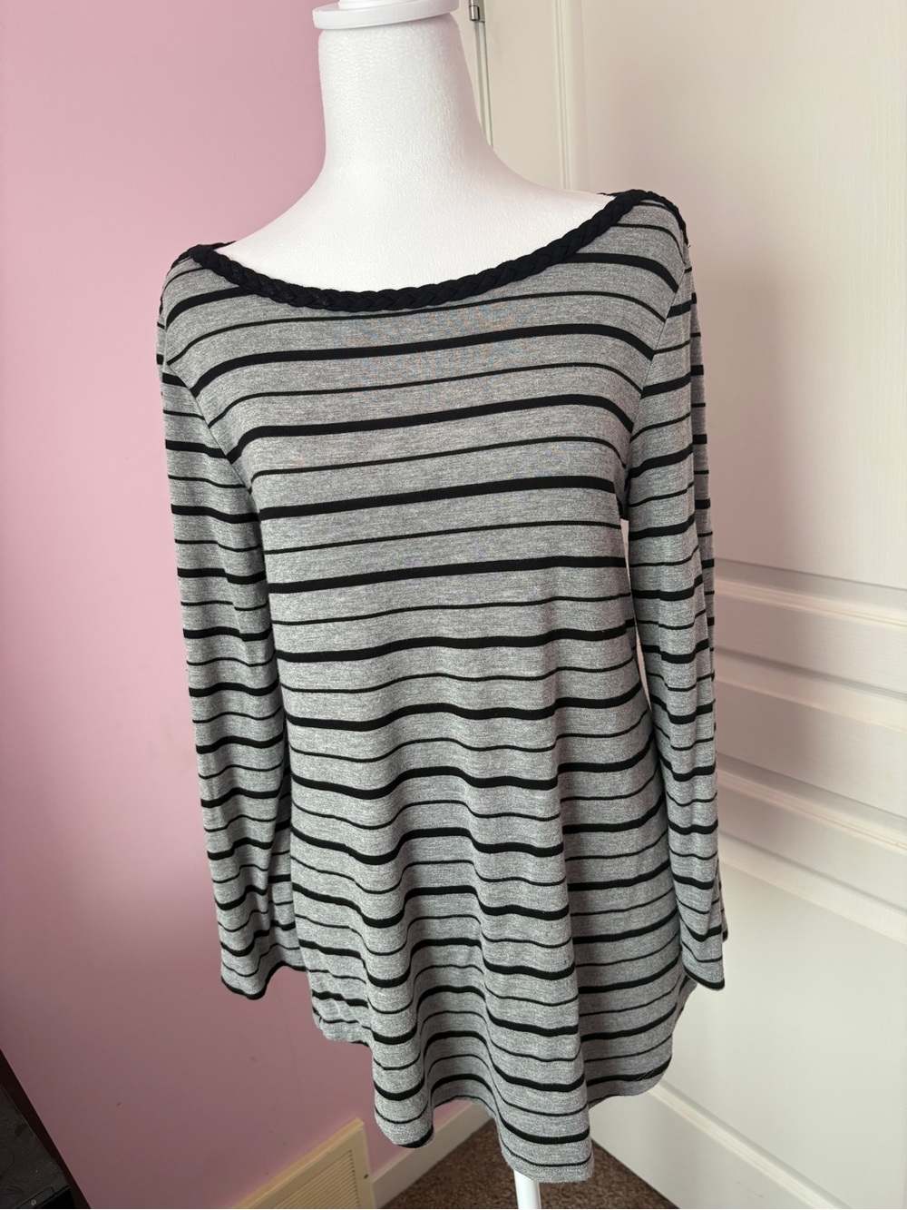 Striped Long-Sleeve Boatneck Top - Gray and Black